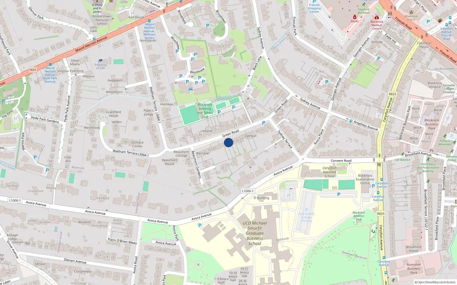 Overhead map showing the location of 32 Green Road, Blackrock