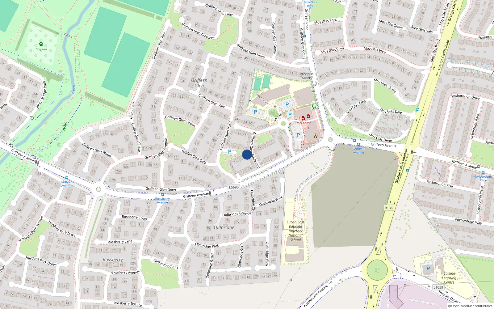 Overhead map showing the location of 32 Griffeen Glen Boulevard, Lucan