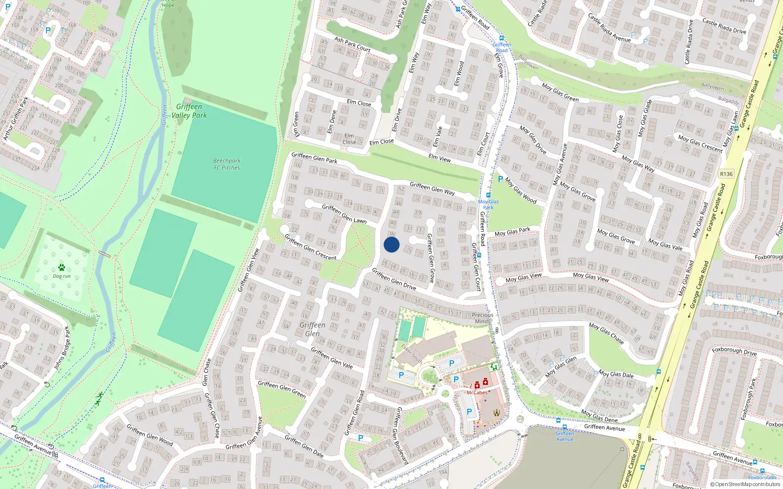 Overhead map showing the location of 32 Griffeen Glen Drive, Lucan