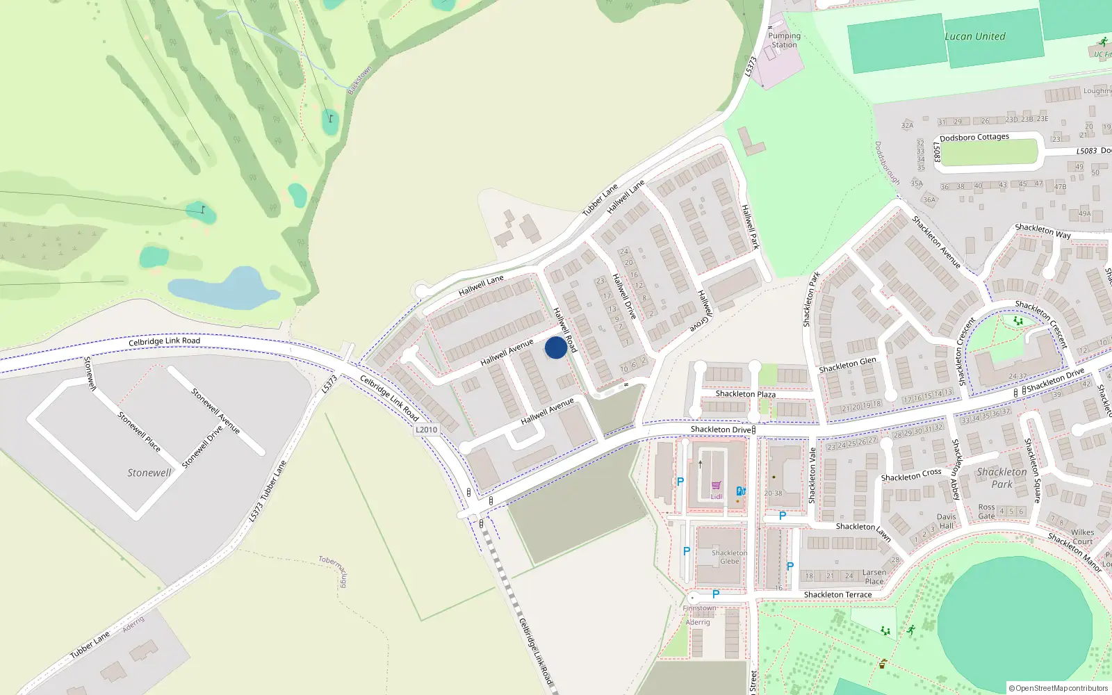 Overhead map showing the location of 32 Hallwell Avenue, Lucan
