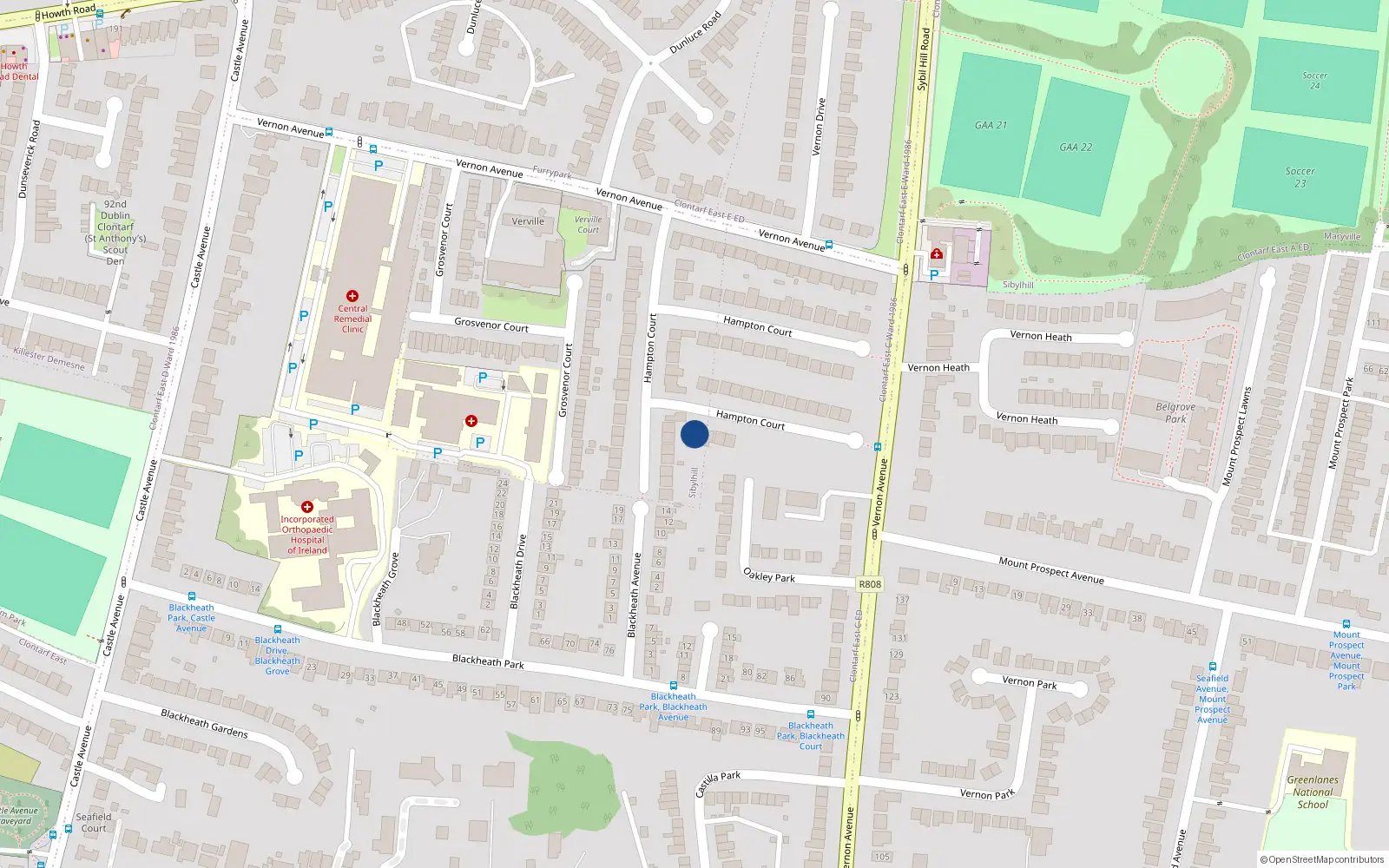 Overhead map showing the location of 32 Hampton Court, Vernon Avenue, Clontarf Dublin 3