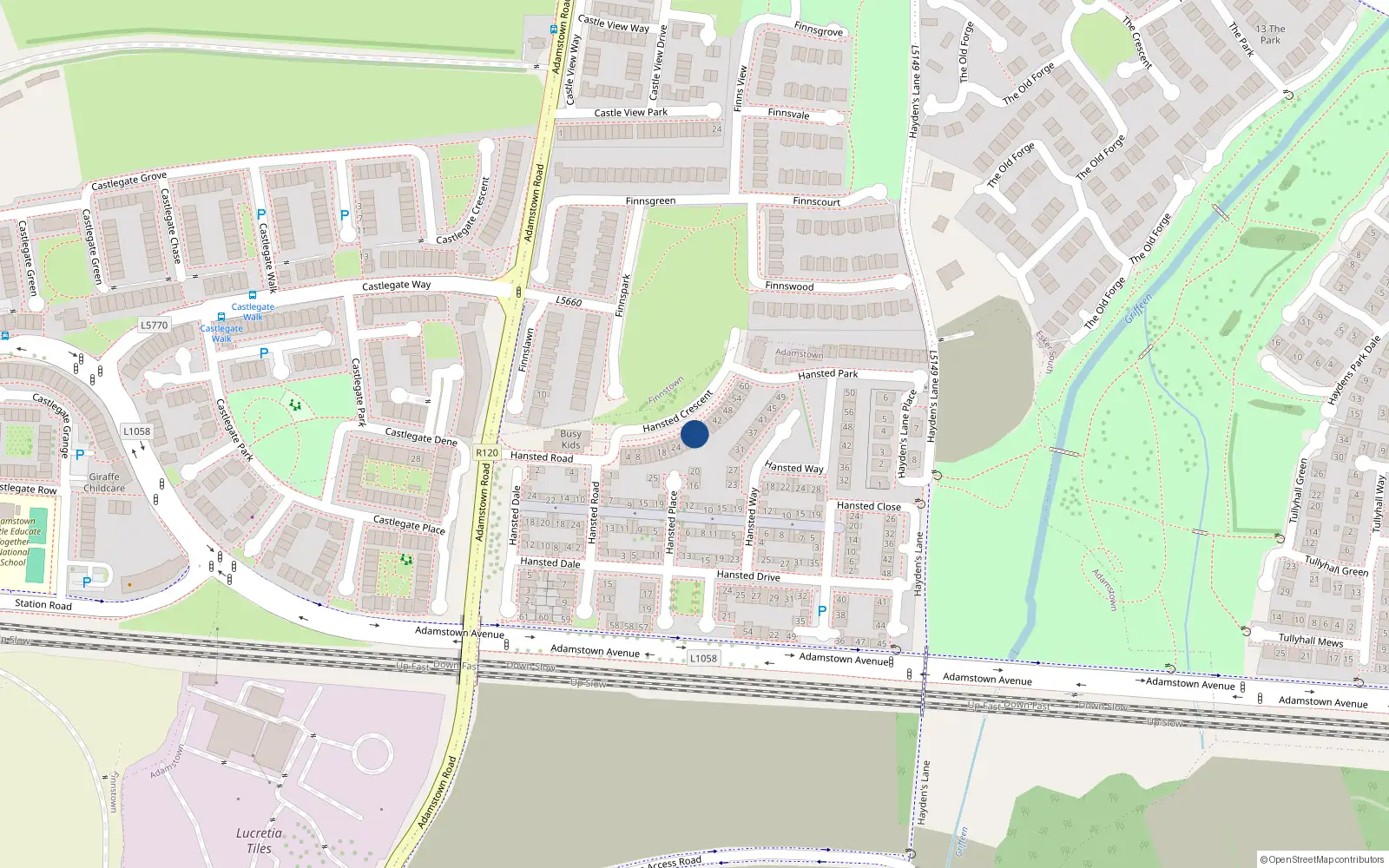 Overhead map showing the location of 32 Hansted Crescent, Finnstown, Lucan