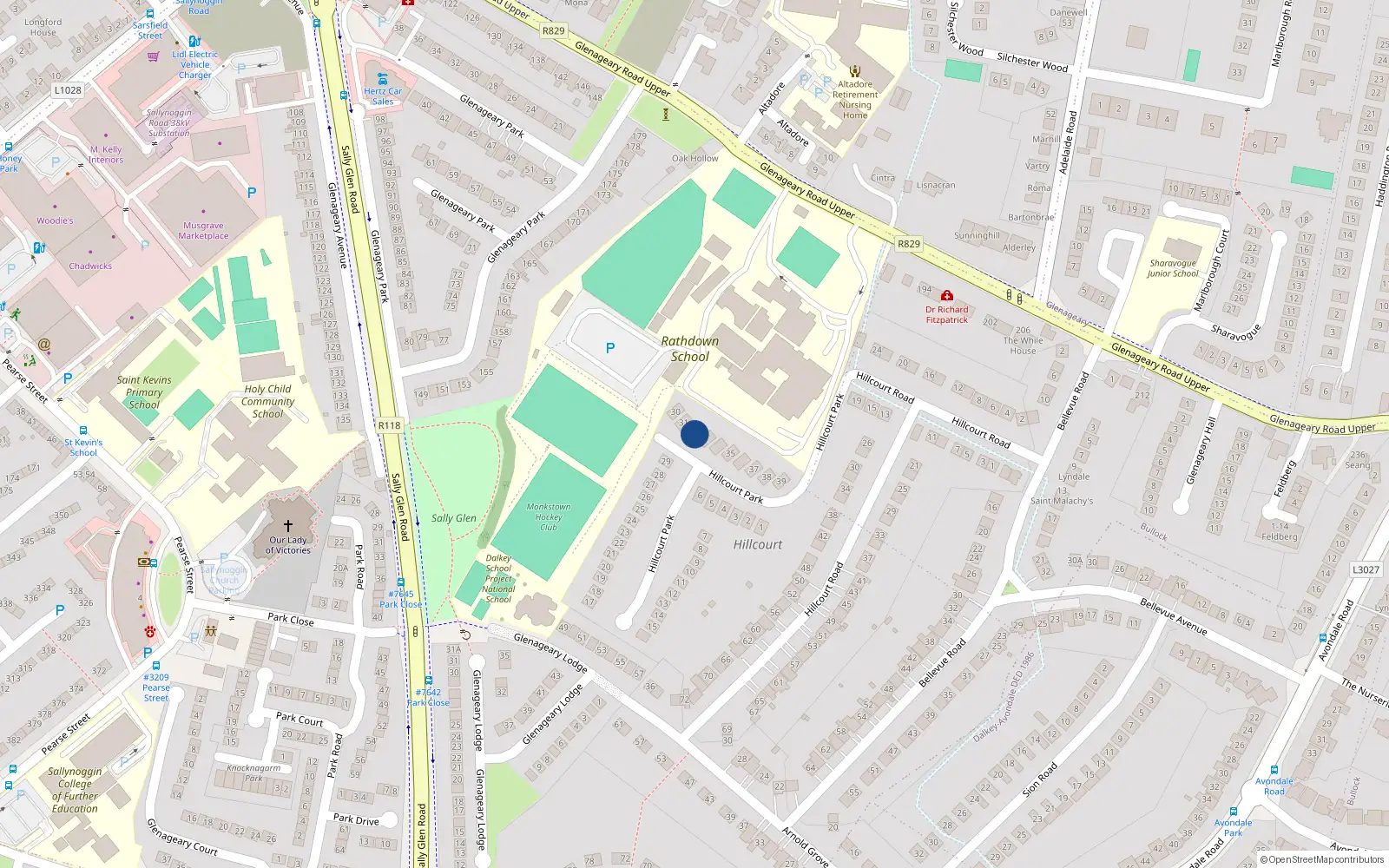 Overhead map showing the location of 32 Hilcourt Park, Glenageary, Dublin
