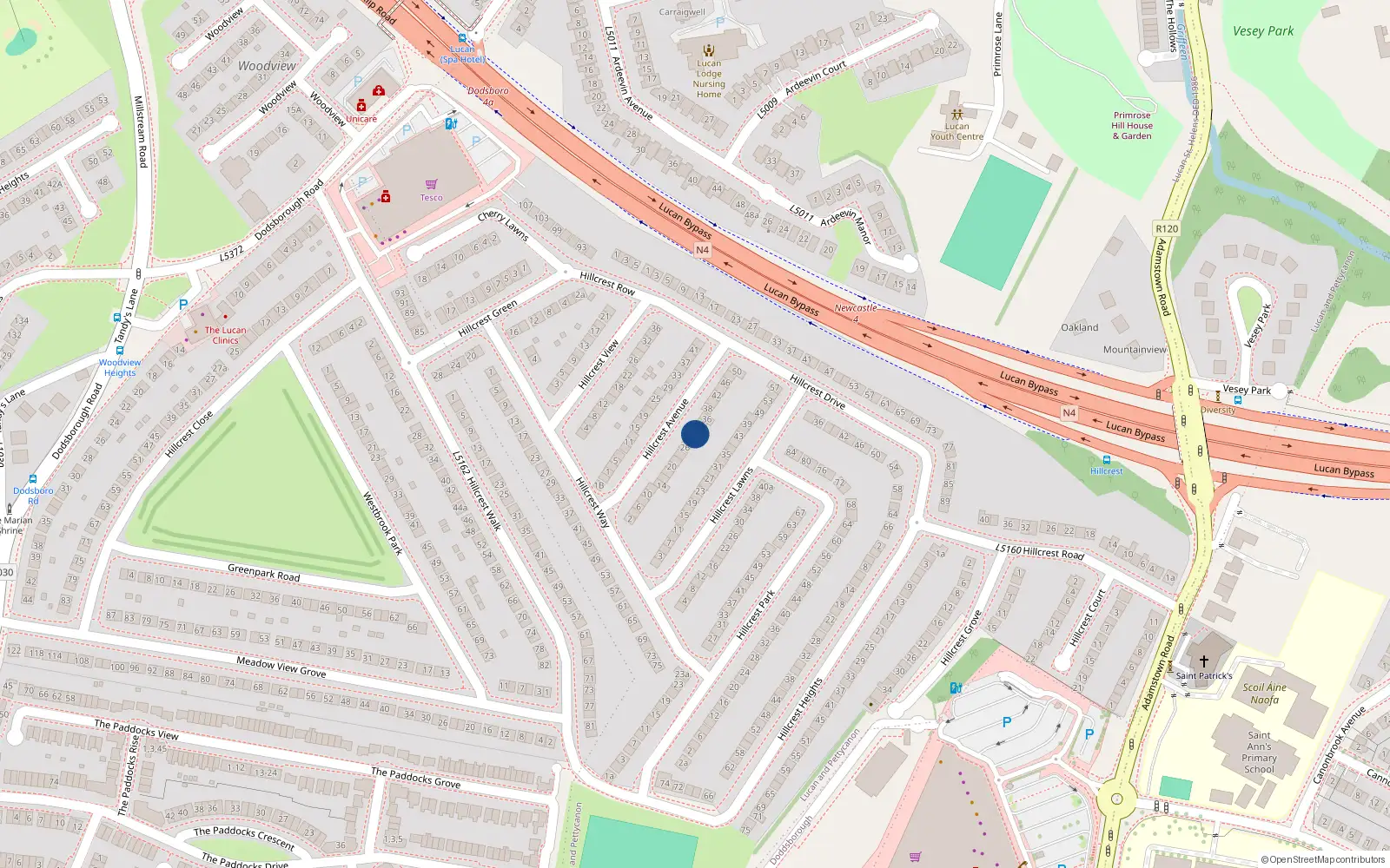 Overhead map showing the location of 32 Hillcrest Avenue, Lucan