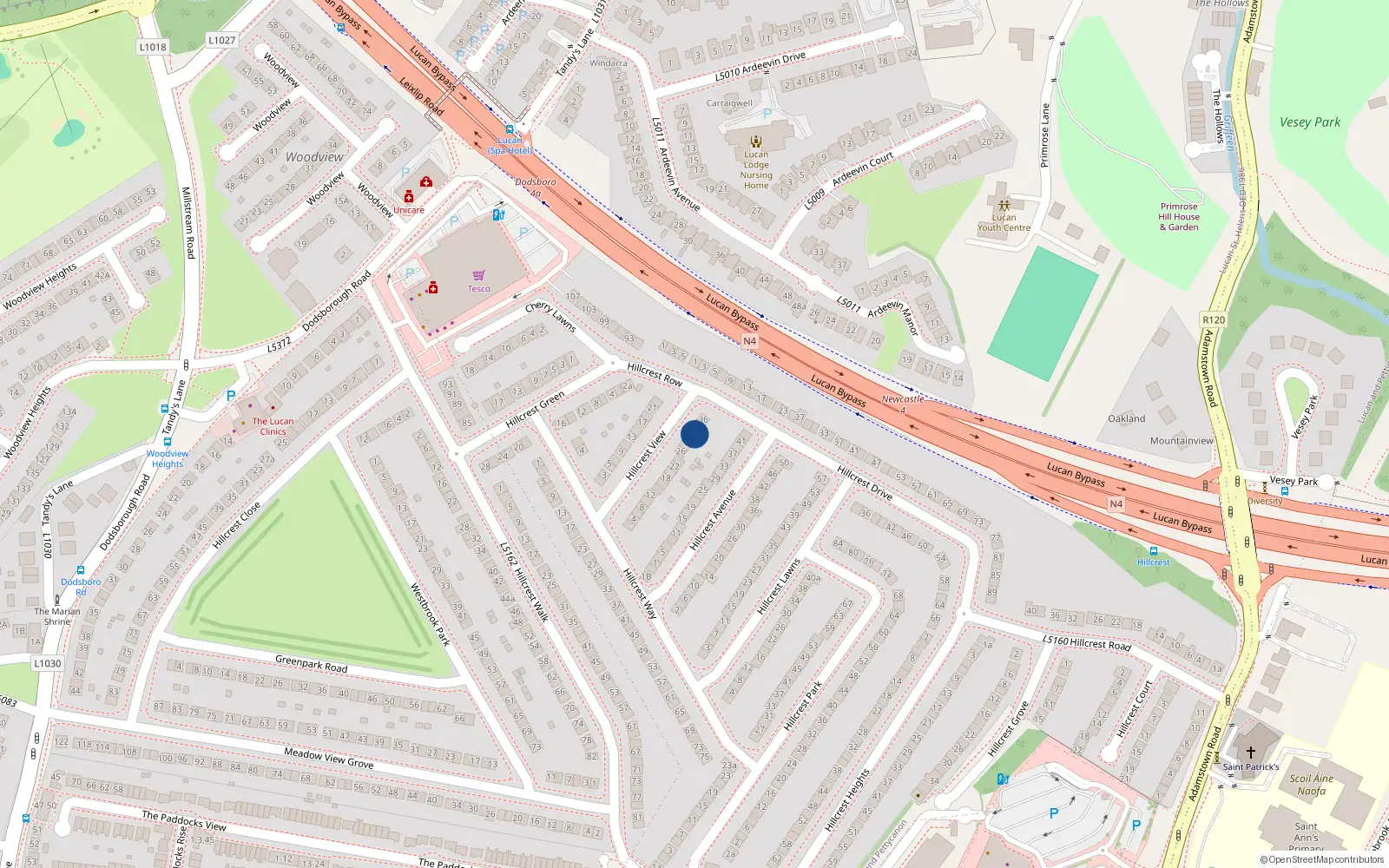 Overhead map showing the location of 32 Hillcrest View, Lucan, Dublin