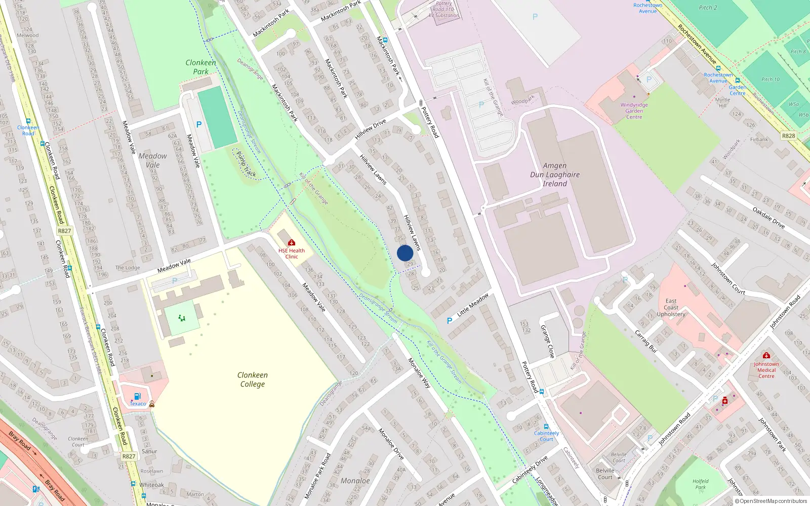 Overhead map showing the location of 32 Hillview Lawns, Pottery Road, Cabinteely