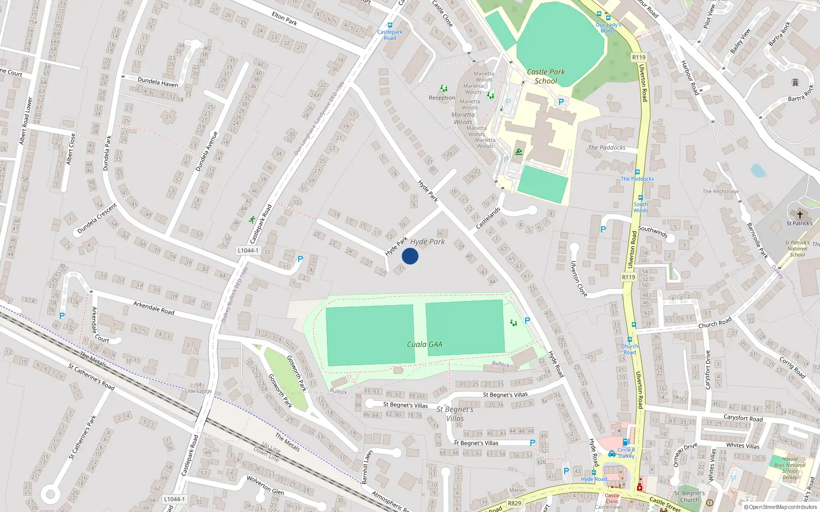Overhead map showing the location of 32 Hyde Park, Dalkey