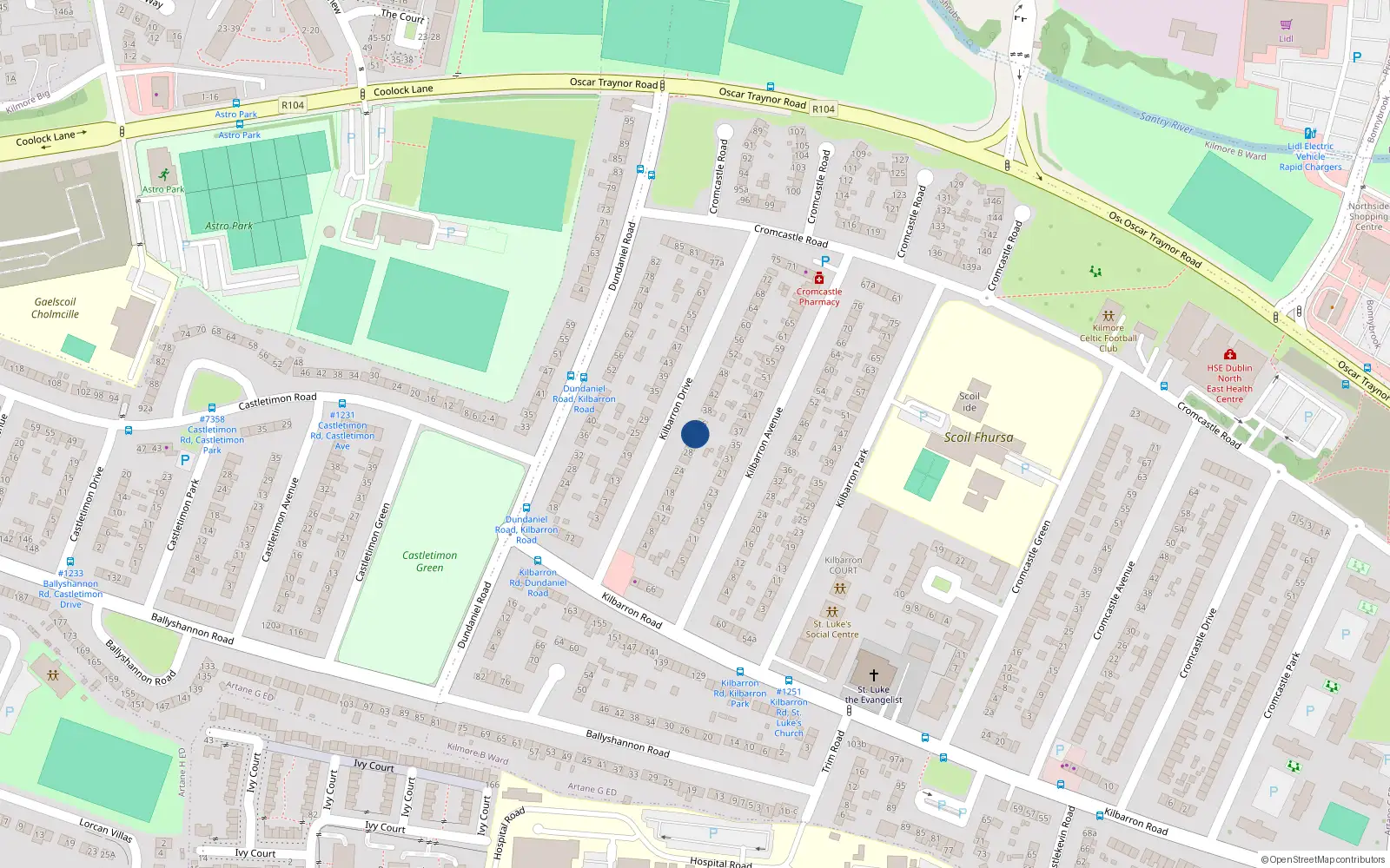 Overhead map showing the location of 32 Kilbarron Drive, Dublin 5