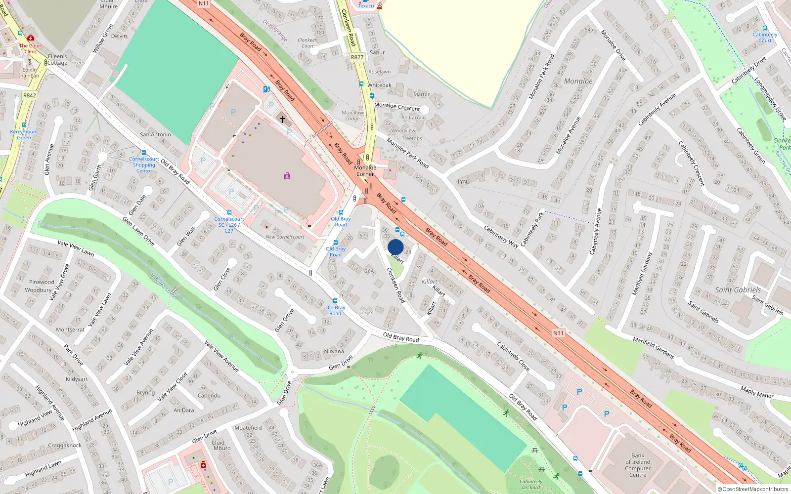 Overhead map showing the location of 32 Killart, Dublin 18