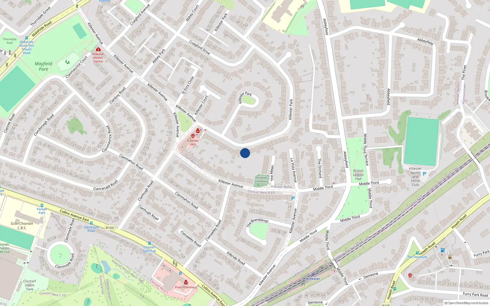 Overhead map showing the location of 32 Killester Park, Dublin 5
