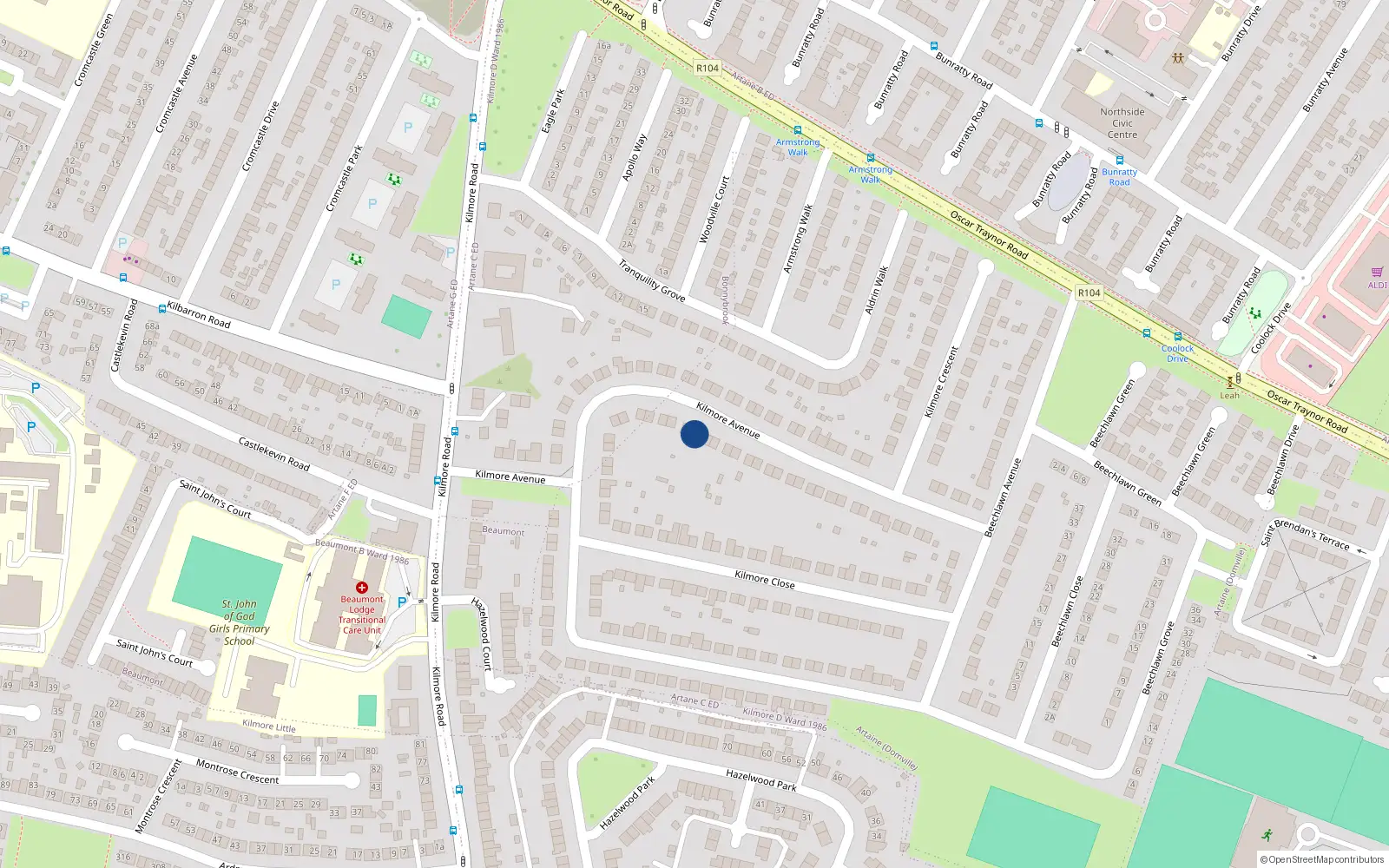 Overhead map showing the location of 32 Kilmore Avenue, Dublin 5