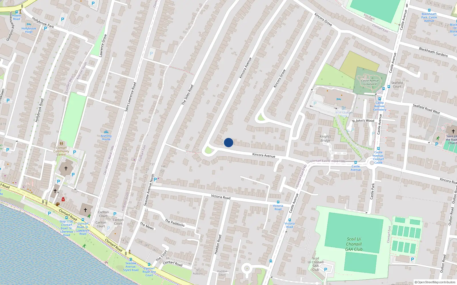 Overhead map showing the location of 32 Kincora Avenue, Clontarf, Dublin 3
