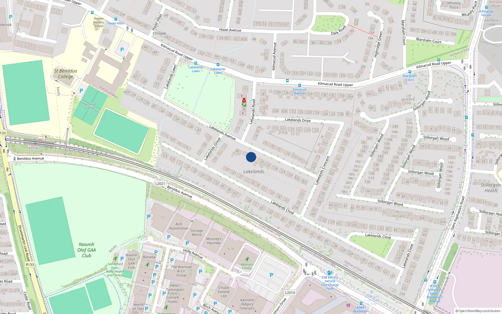 Overhead map showing the location of 32 Lakelands Avenue, Dublin