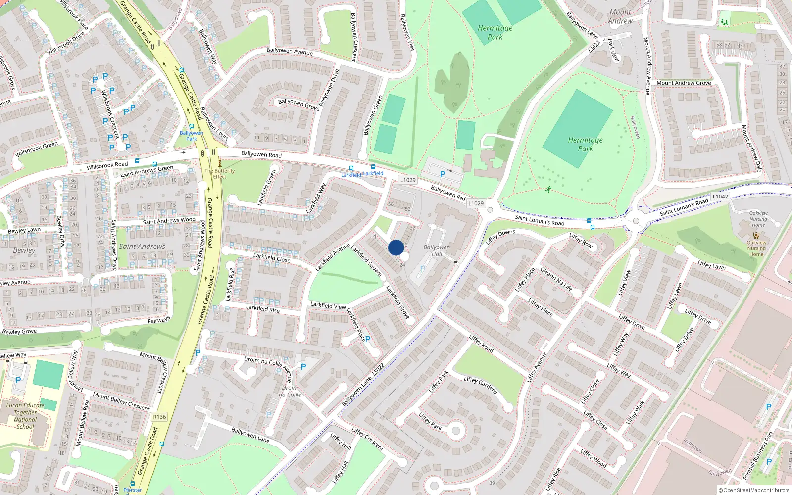 Overhead map showing the location of 32 Larkfield Square, Lucan