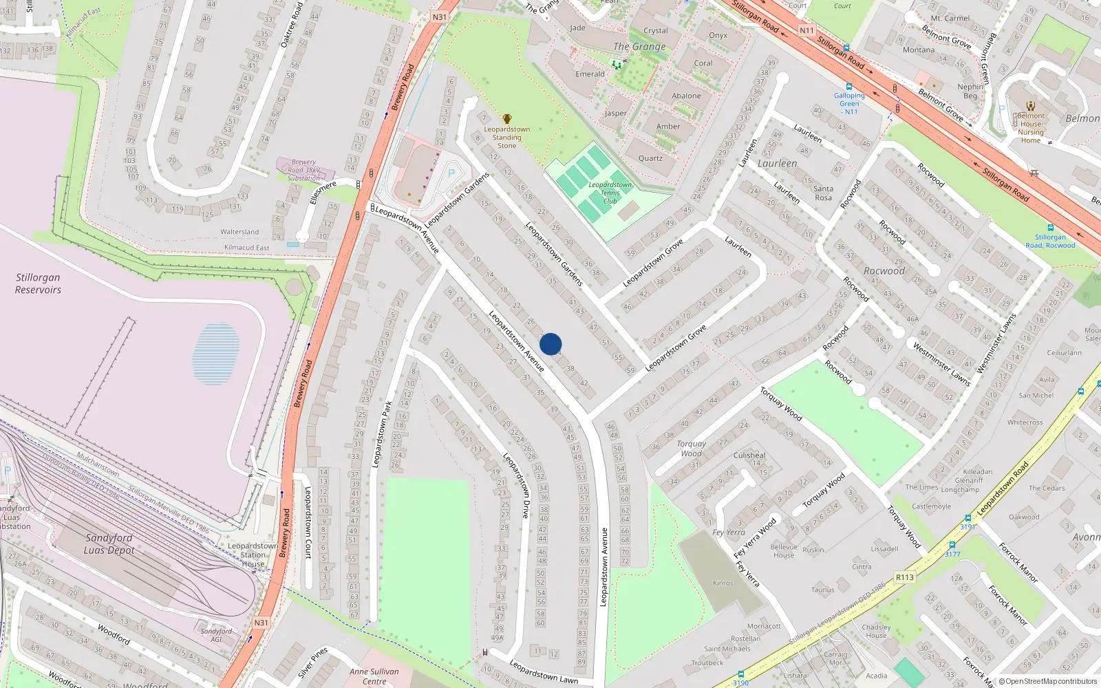 Overhead map showing the location of 32 Leopardstown Avenue, Dublin