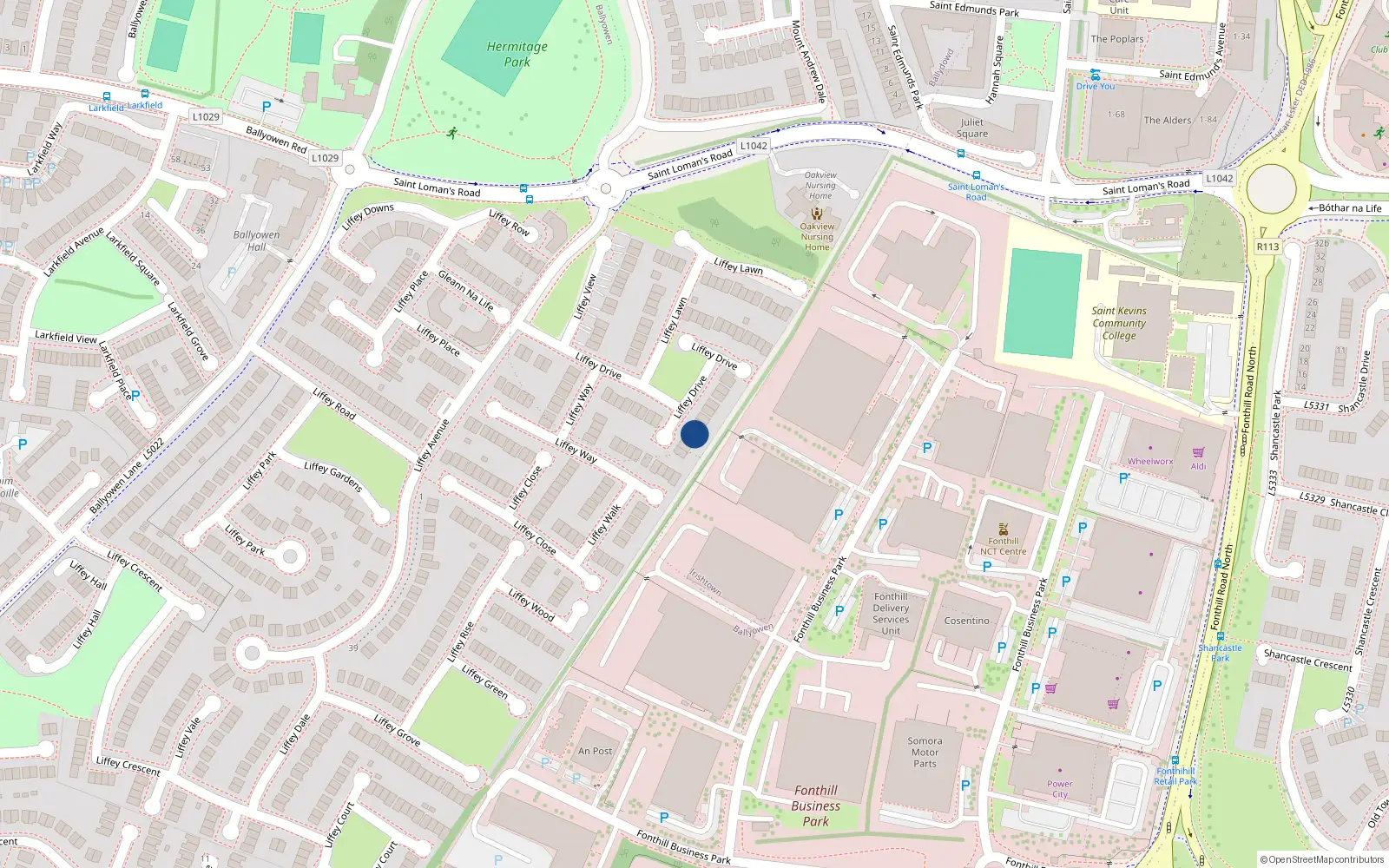 Overhead map showing the location of 32 Liffey Drive, Liffey Valley Park, Lucan