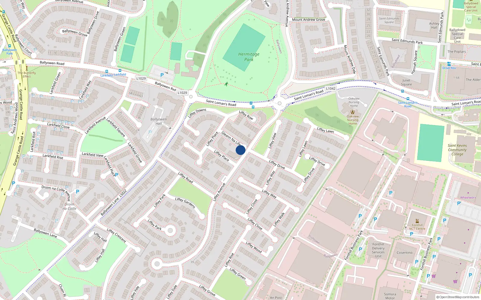 Overhead map showing the location of 32 Liffey Glen, Lucan