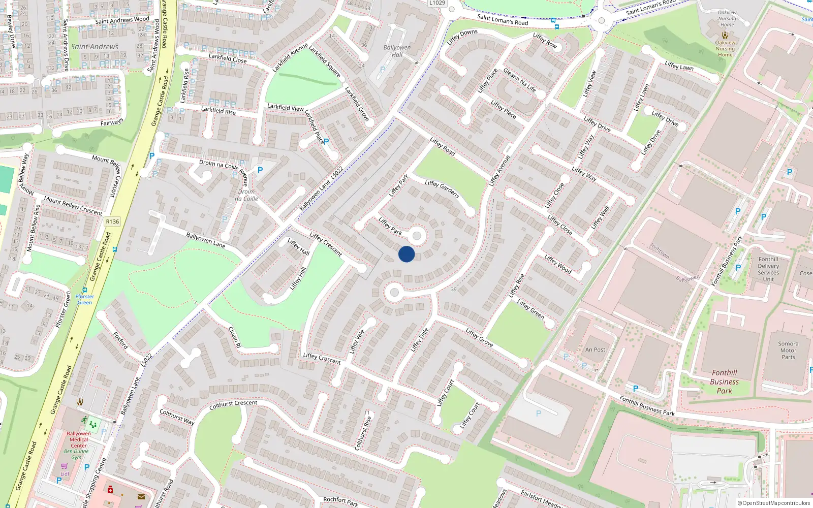Overhead map showing the location of 32 Liffey Park, Liffey Valley Park, Lucan