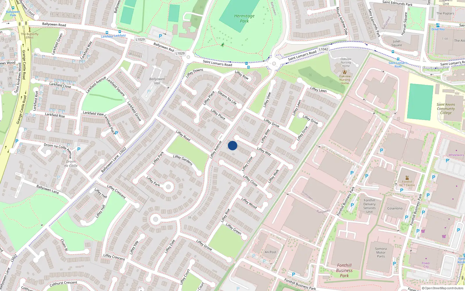 Overhead map showing the location of 32 Liffey Way, Liffey Valley Park, Lucan