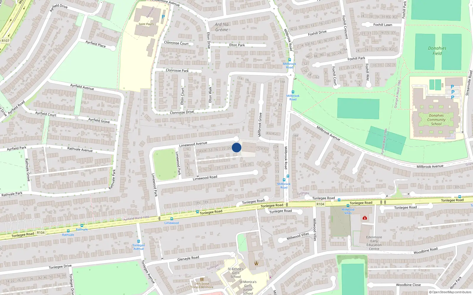 Overhead map showing the location of 32 Limewood Avenue, Raheny, Dublin 5