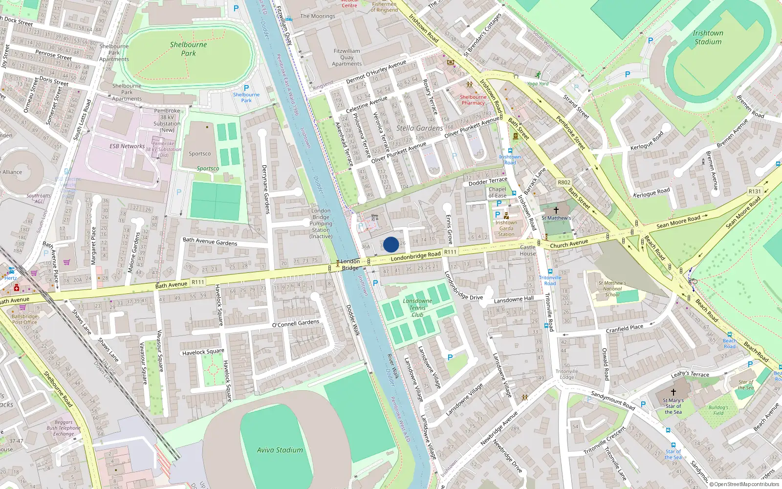 Overhead map showing the location of 32 Londonbridge Road, Irishtown