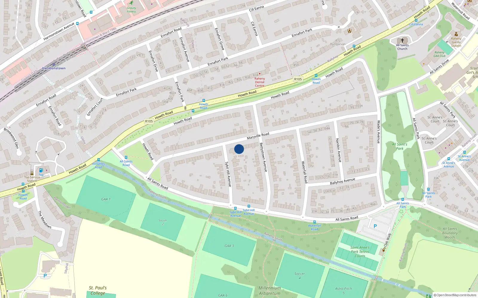 Overhead map showing the location of 32 Maryville Road, Dublin 5