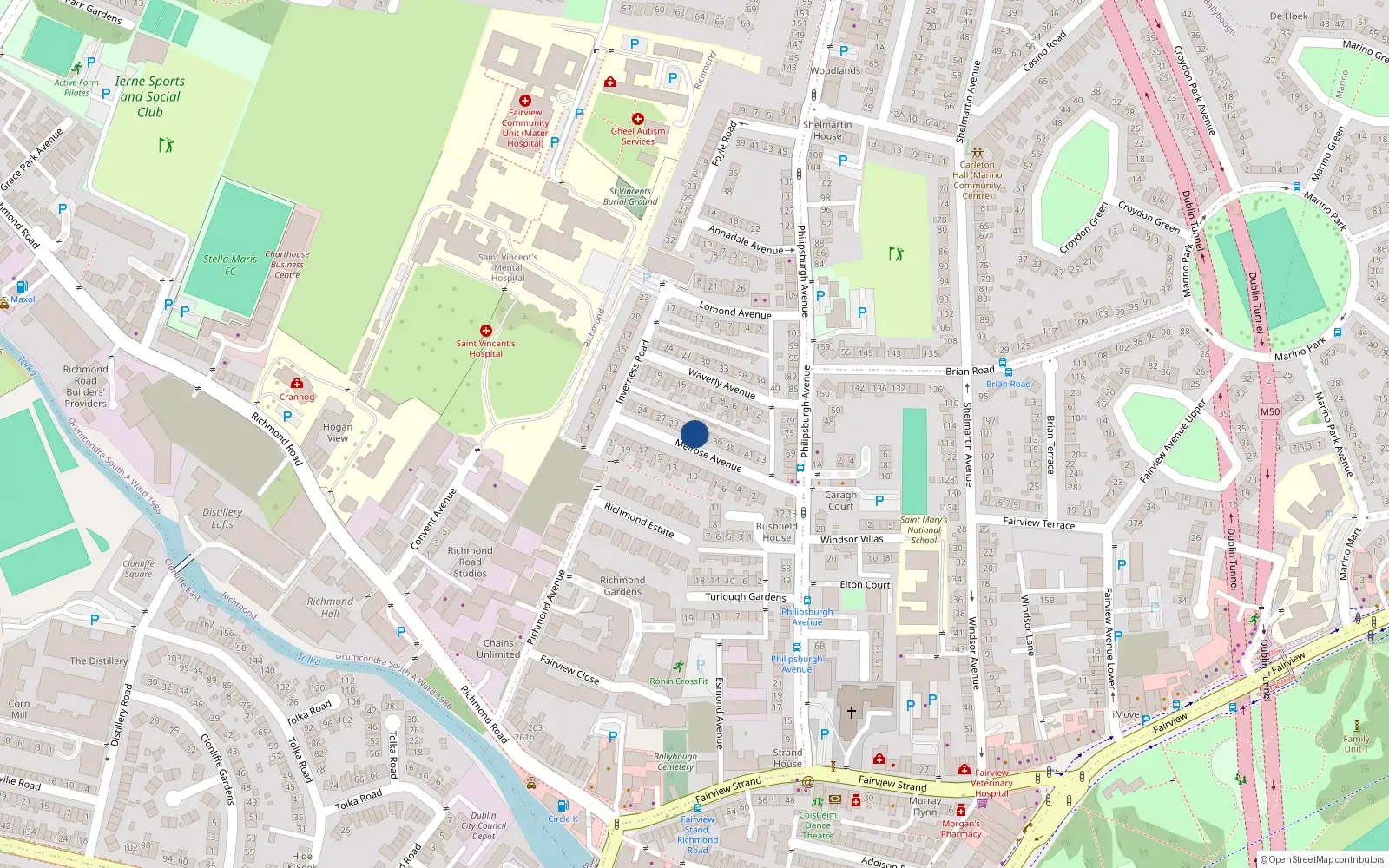 Overhead map showing the location of 32 Melrose Avenue, Fairview, Dublin 3