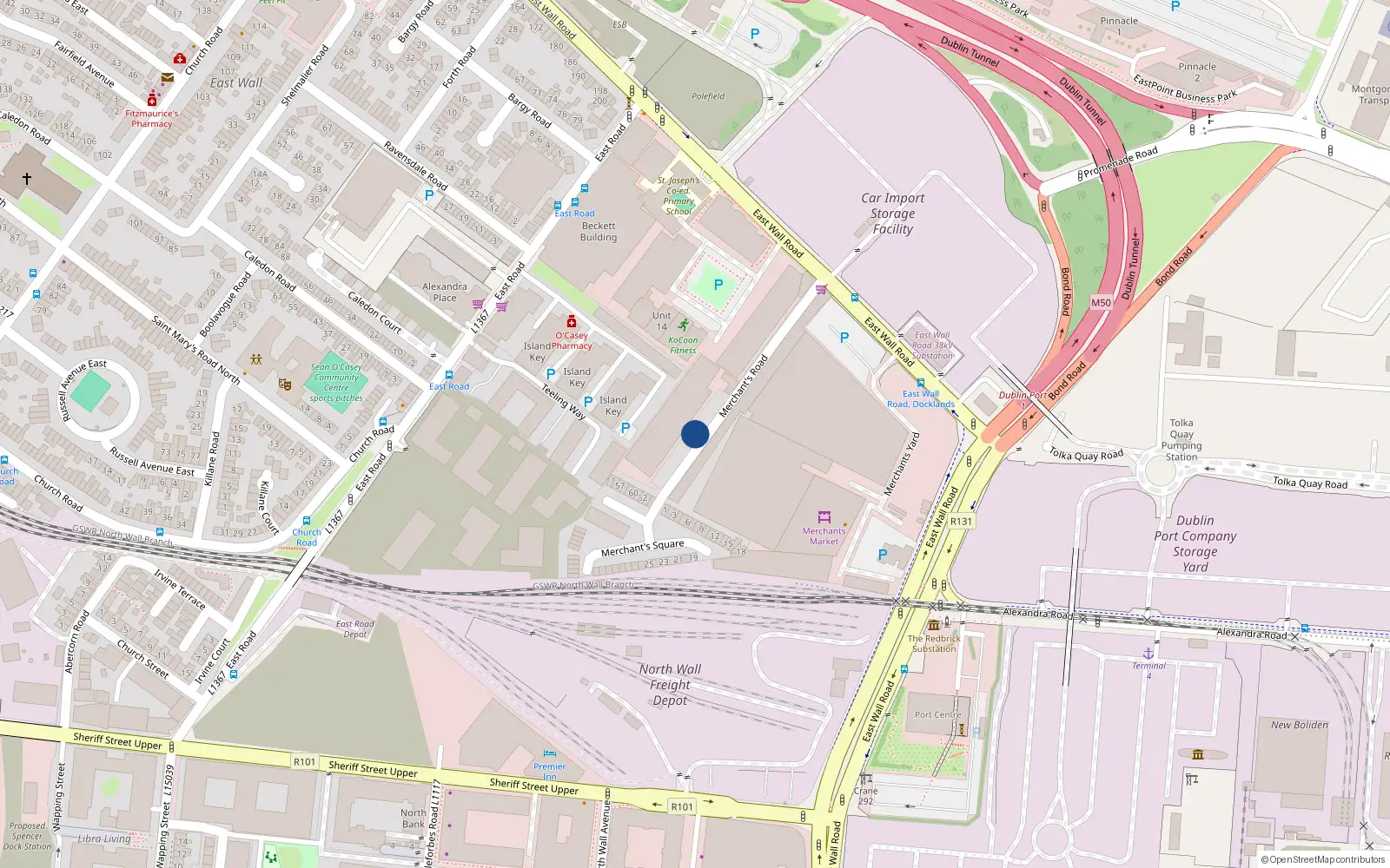 Overhead map showing the location of 32 Merchant's Road, Dublin 3