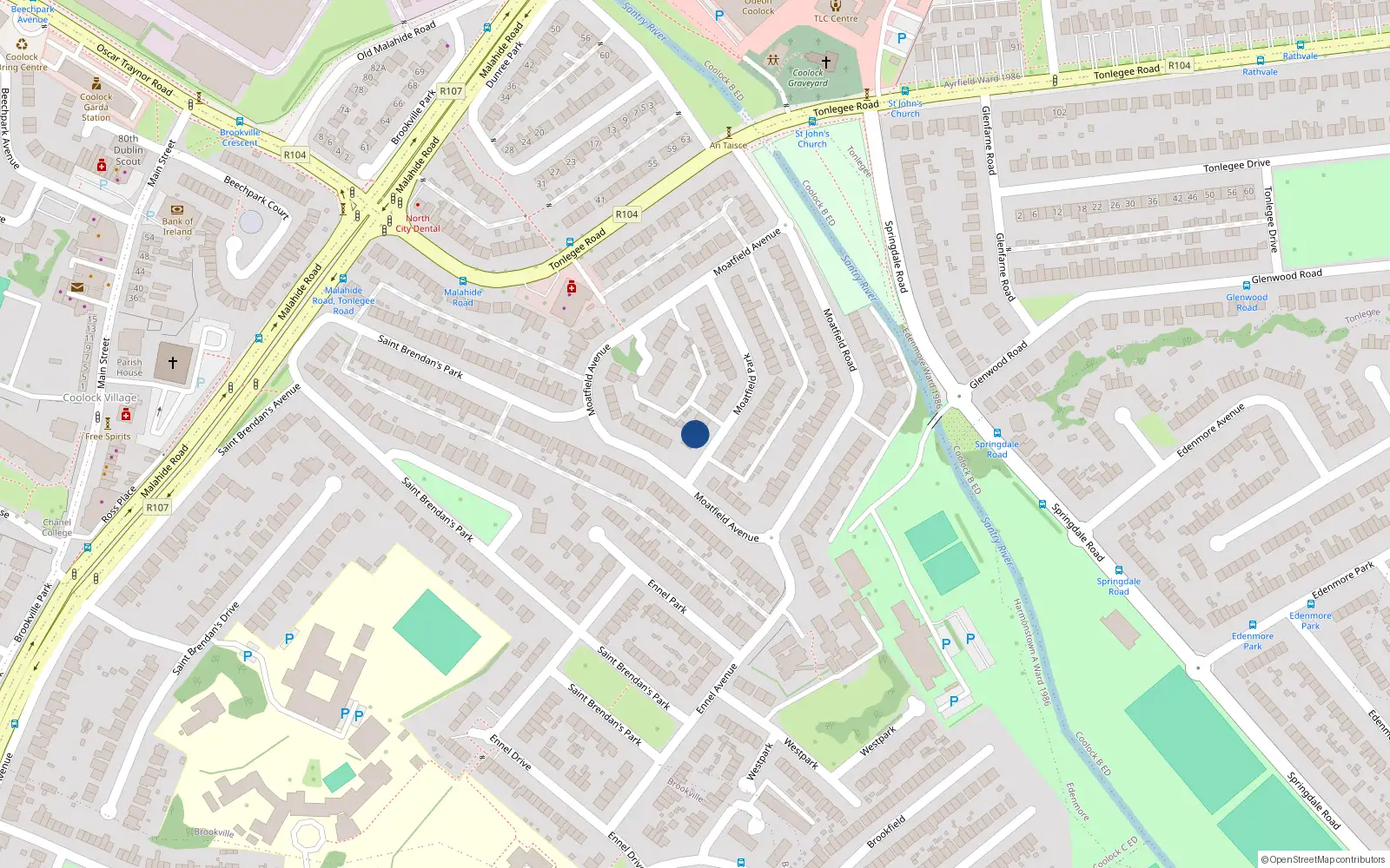 Overhead map showing the location of 32 Moatfield Park, Coolock, Dublin 5