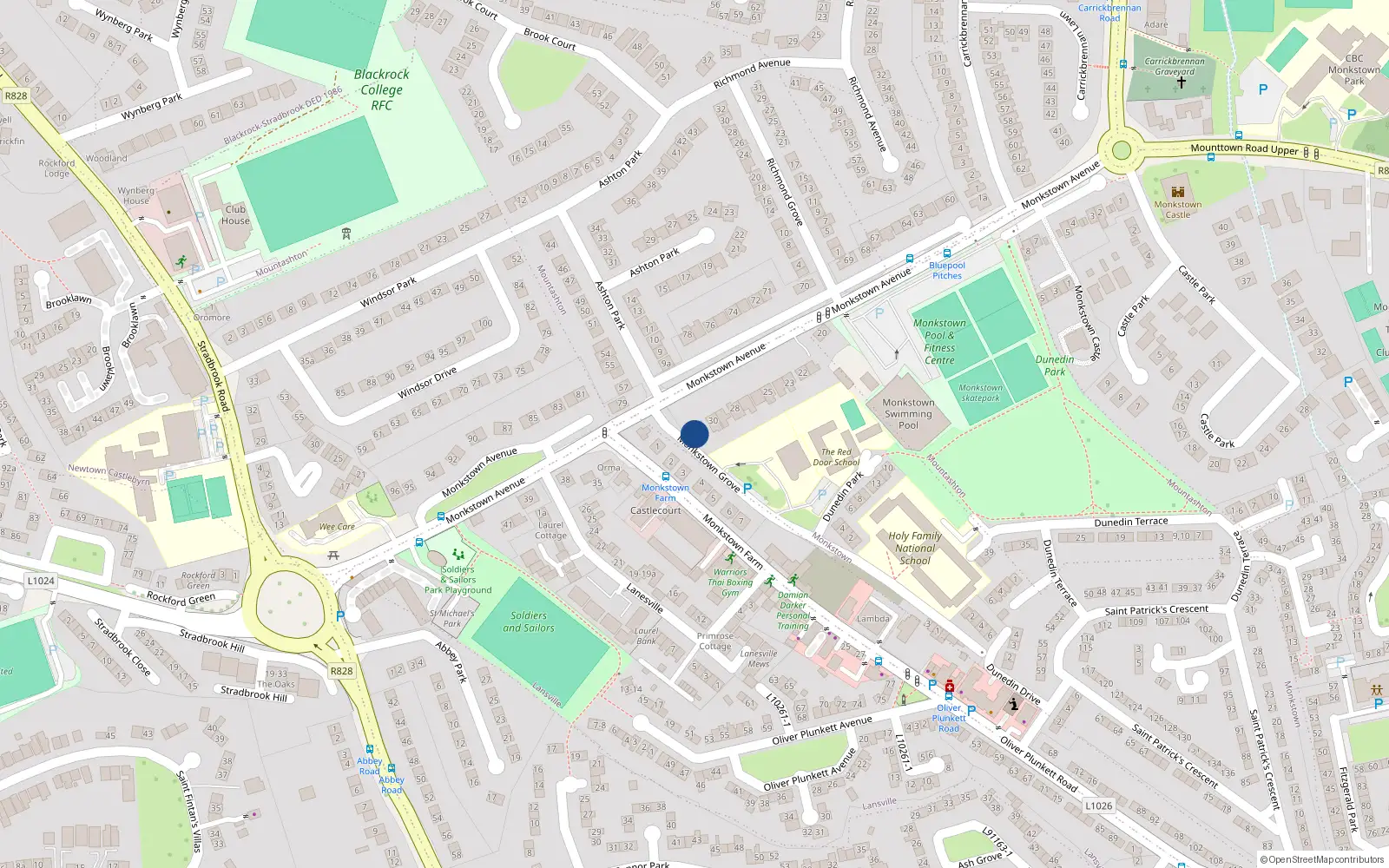 Overhead map showing the location of 32 Monkstown Avenue, Dublin