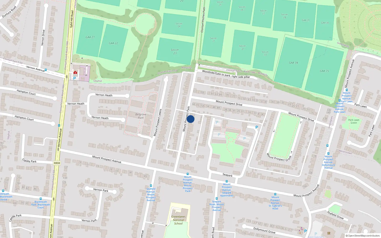 Overhead map showing the location of 32 Mount Prospect Park, Clontarf, Dublin 3