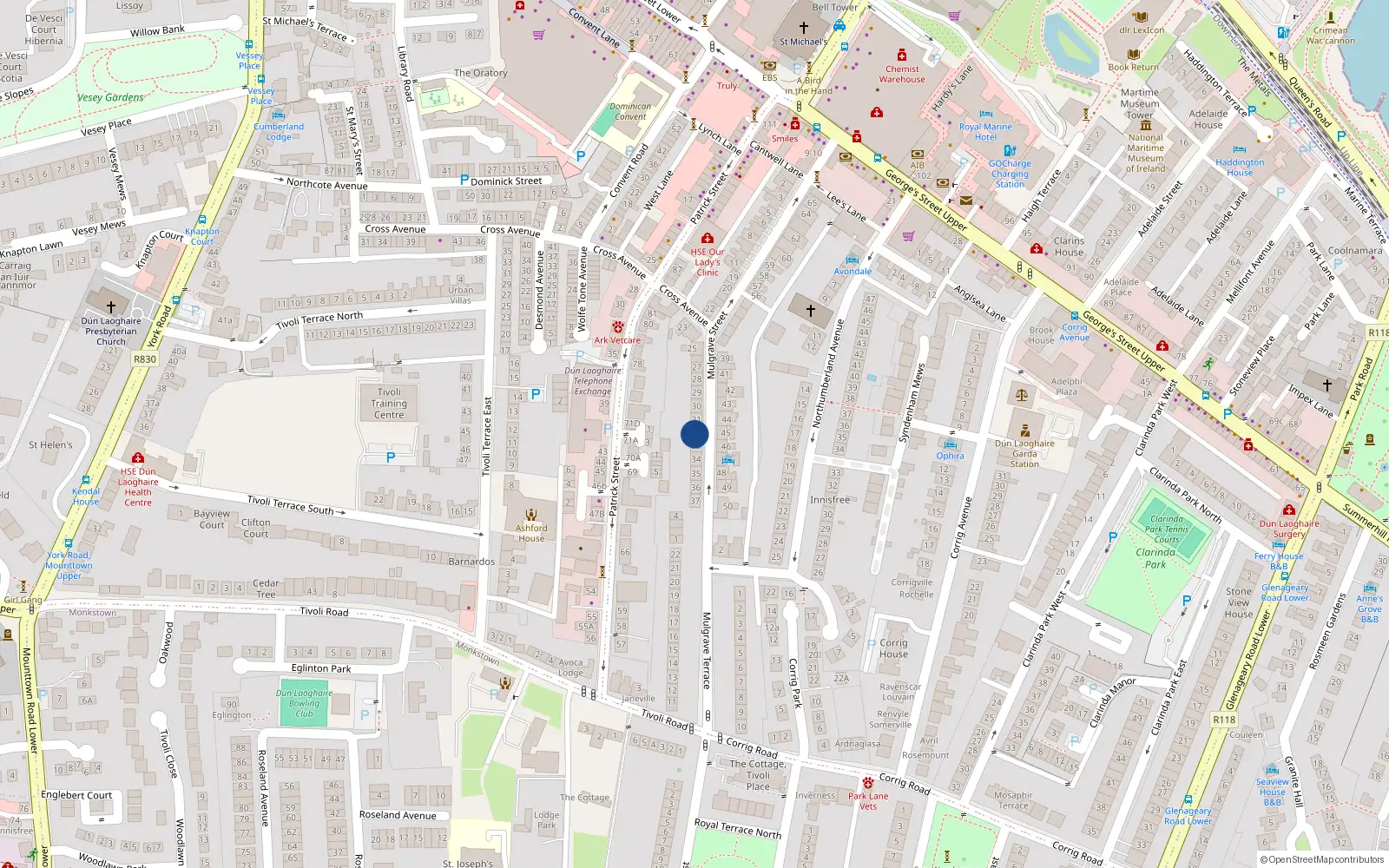 Overhead map showing the location of 32 Mulgrave St, Dun Laoghaire, Dublin