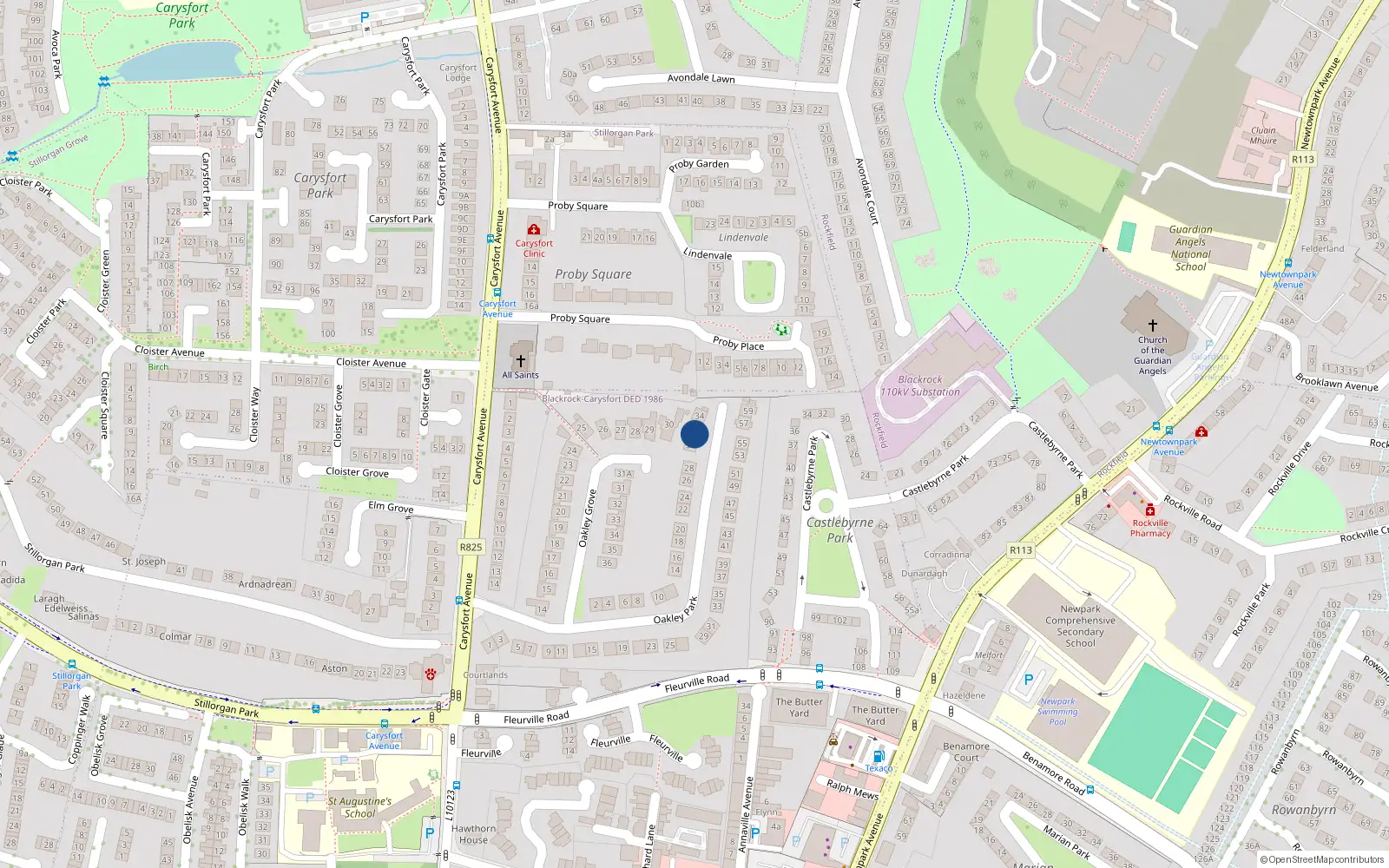 Overhead map showing the location of 32 Oakley Park, Blackrock, Dublin