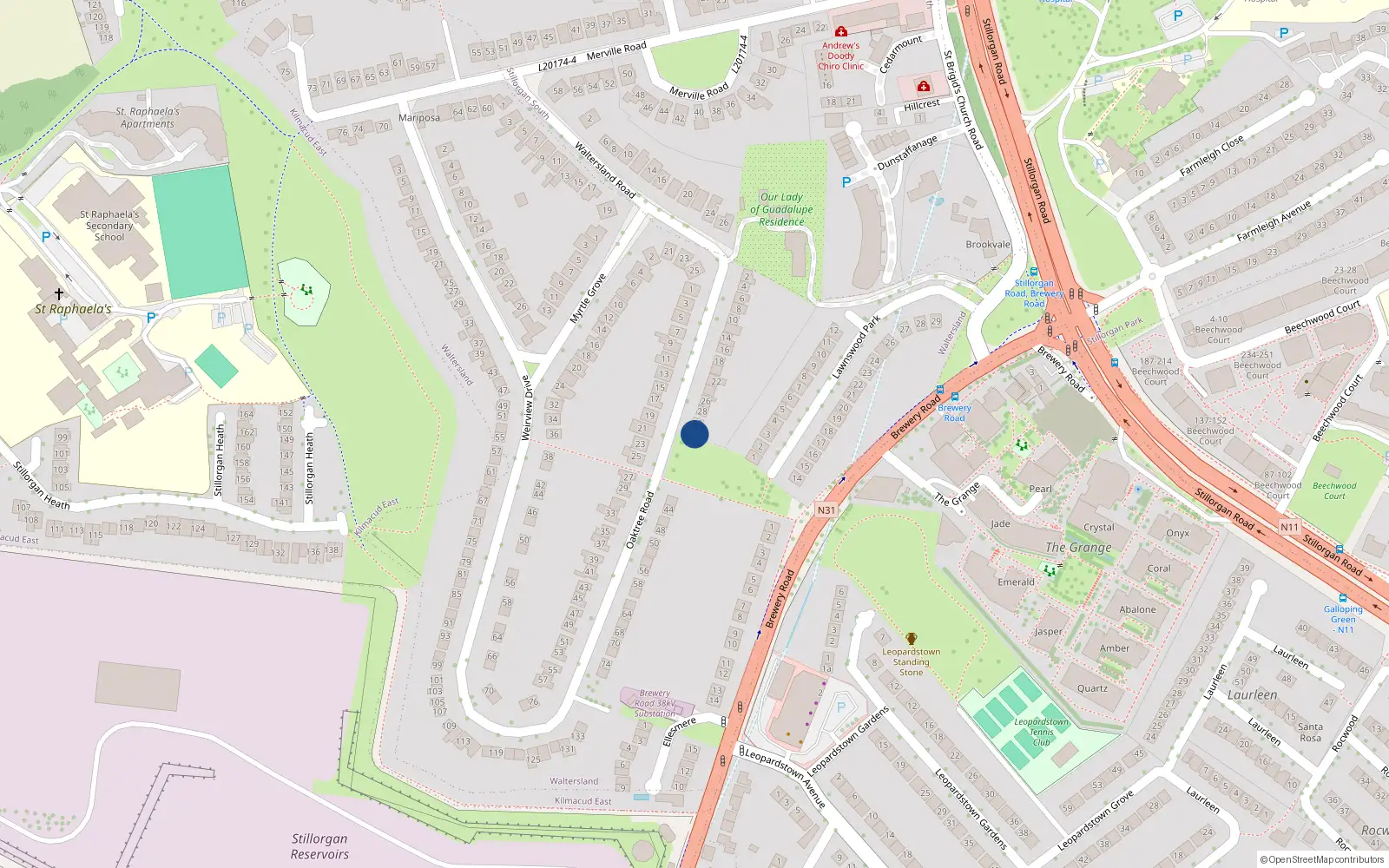 Overhead map showing the location of 32 Oaktree Road, Stillorgan, Dublin
