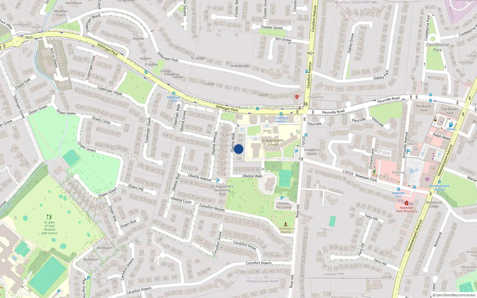 Overhead map showing the location of 32 Obelisk Walk, Carysfort Avenue, Blackrock