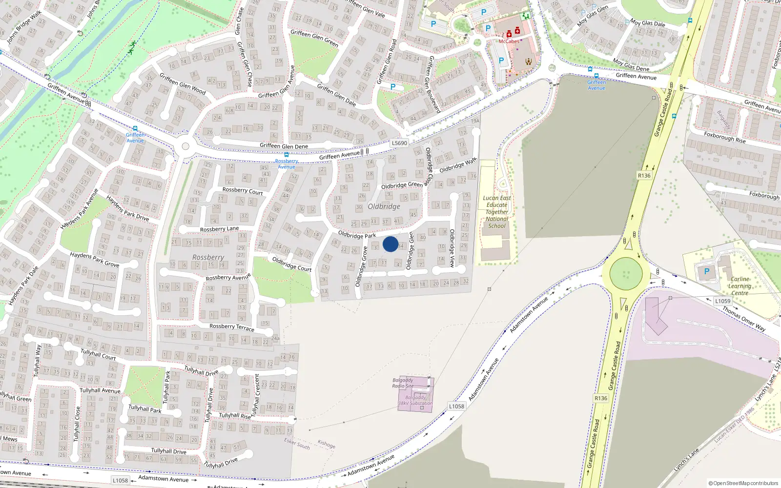 Overhead map showing the location of 32 Oldbridge Park, Lucan