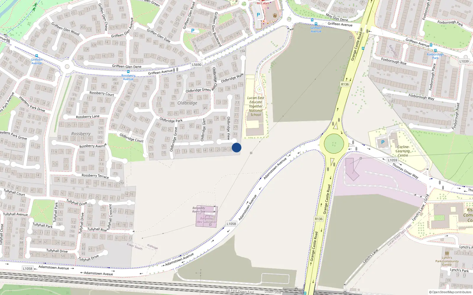 Overhead map showing the location of 32 Oldbridge View, Lucan, Dublin