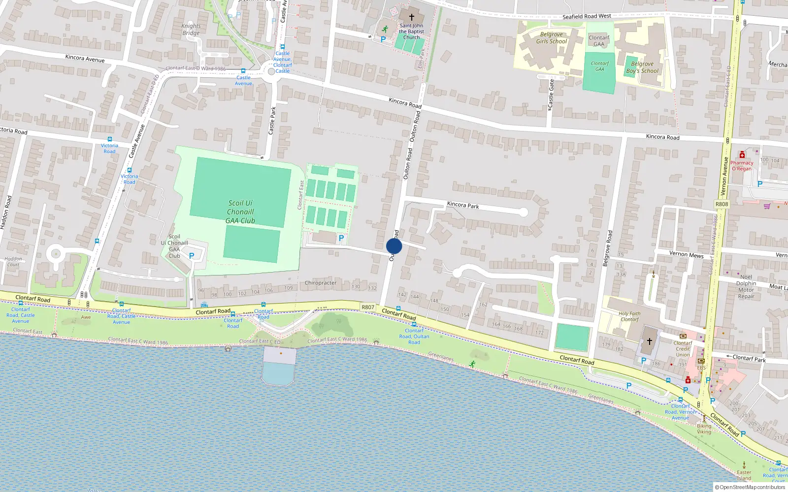 Overhead map showing the location of 32 Oulton Road, Clontarf