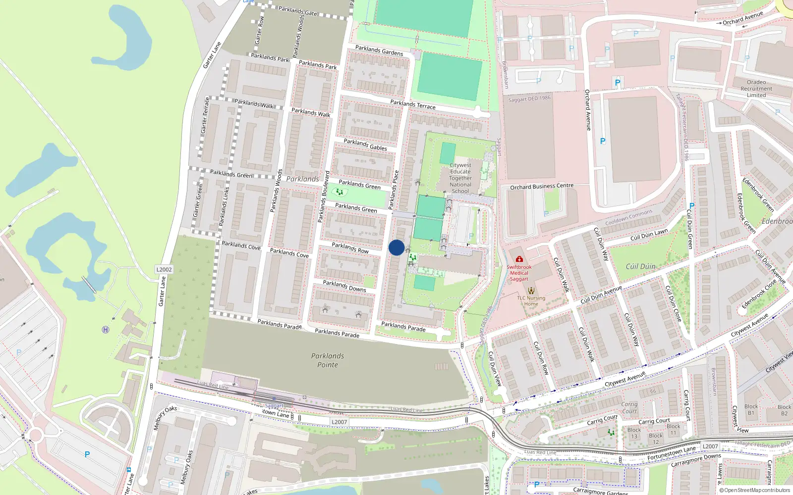Overhead map showing the location of 32 Parklands Place, Saggart