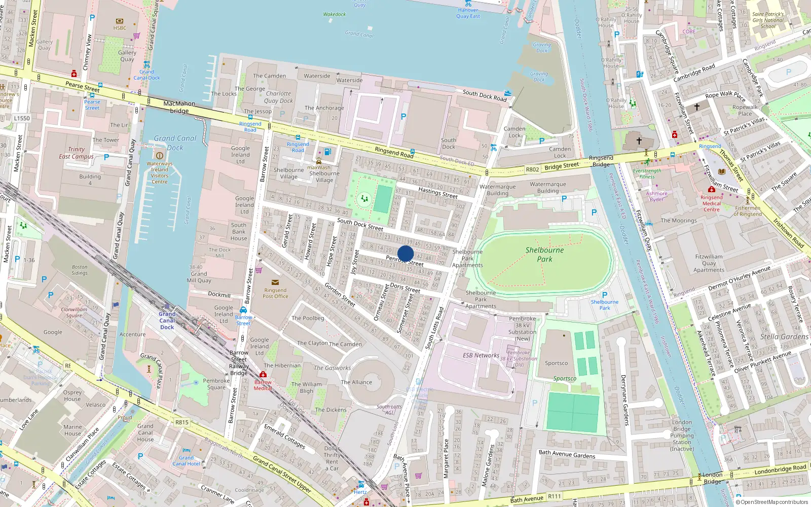 Overhead map showing the location of 32 Penrose Street, Dublin 4