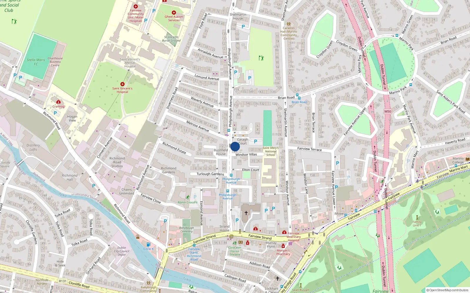 Overhead map showing the location of 32 Philipsburgh Avenue, Fairview, Dublin 3