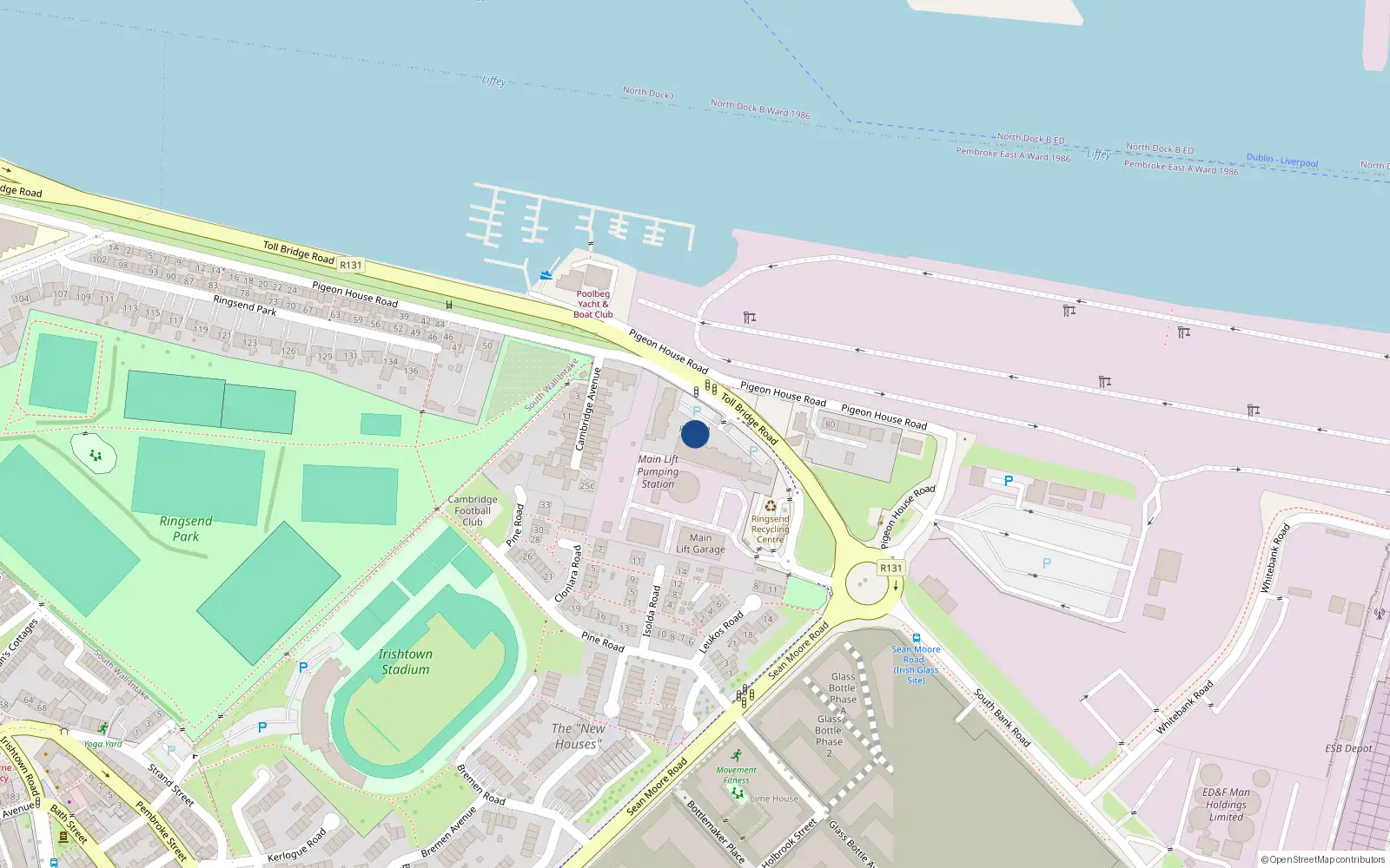 Overhead map showing the location of 32 Poolbeg Quay, Pigeon House Road, Ringsend