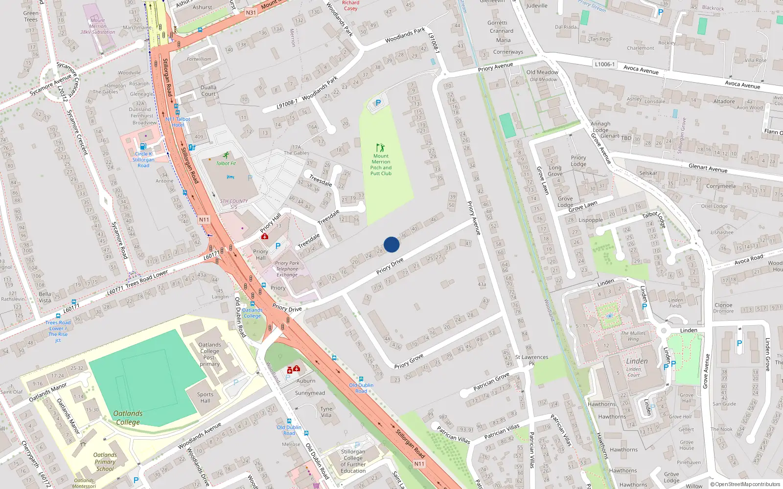 Overhead map showing the location of 32 Priory Drive, Dublin