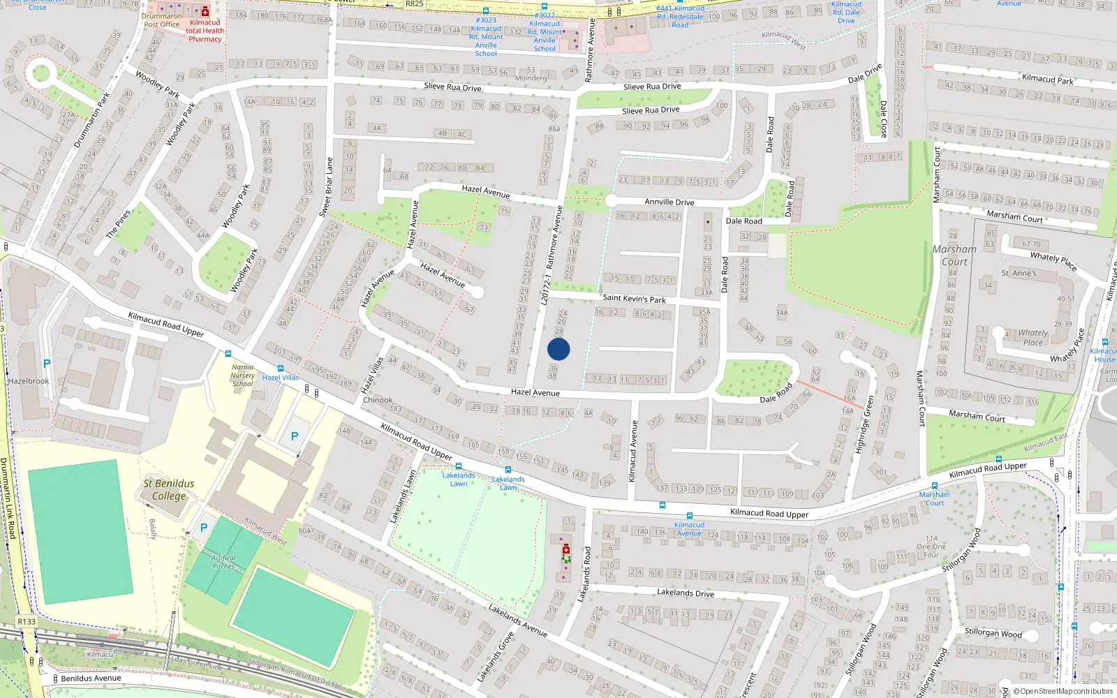 Overhead map showing the location of 32 Rathmore Avenue, Blackrock