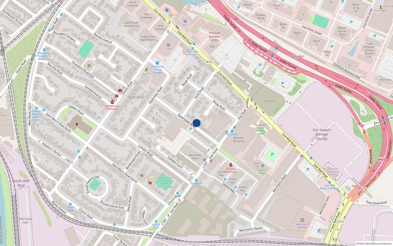 Overhead map showing the location of 32 Ravensdale Road, East Wall, Dublin 3