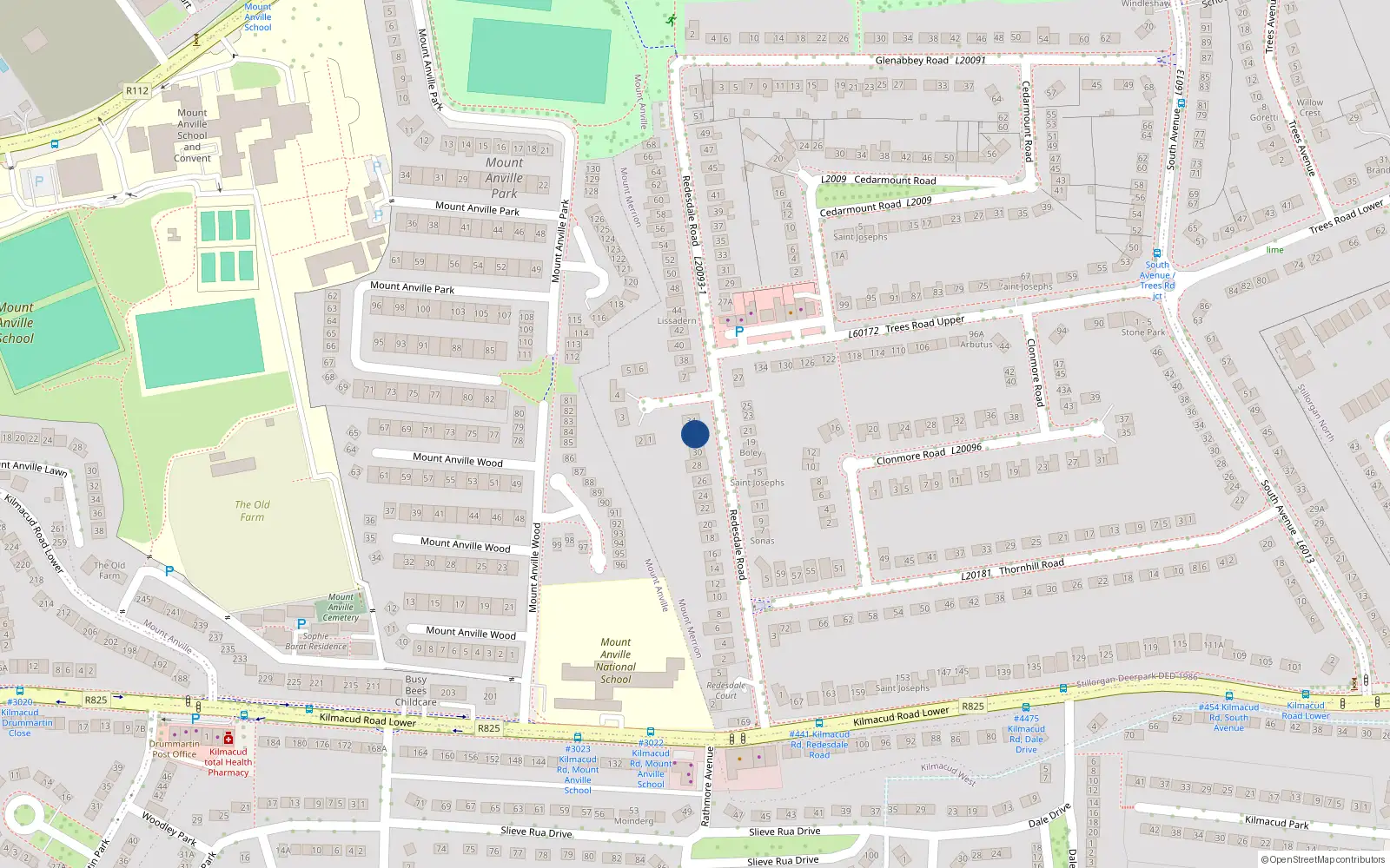 Overhead map showing the location of 32 Redsdale Road, Mount Merrion, Dublin
