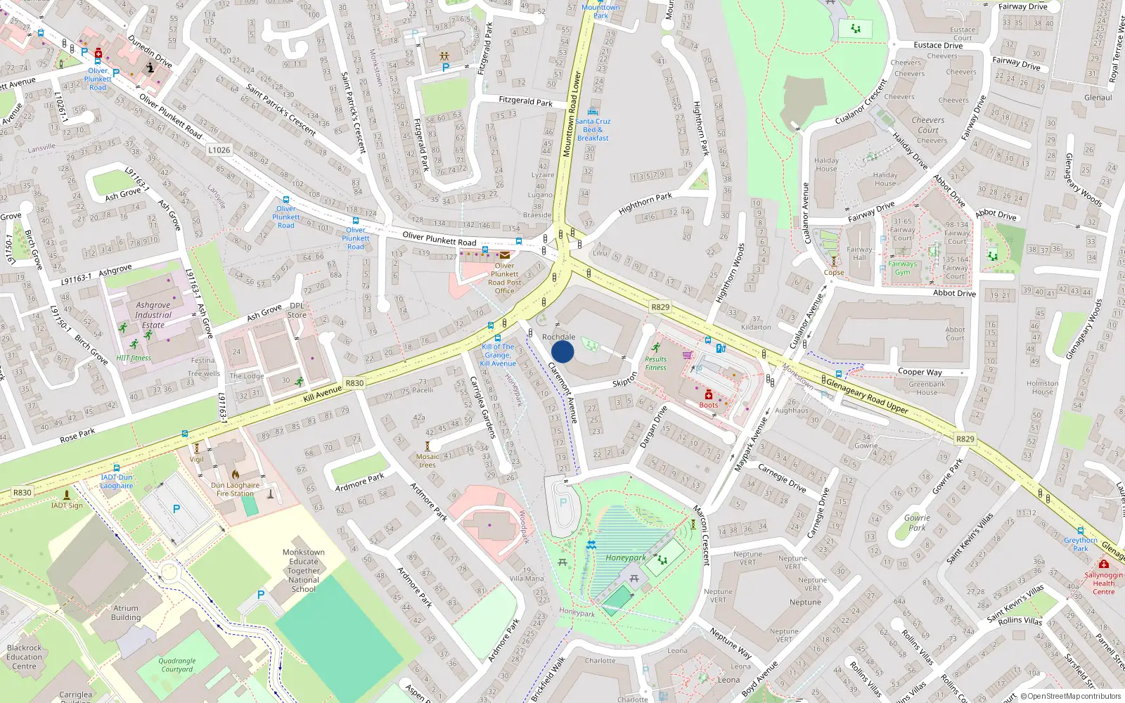 Overhead map showing the location of 32 Rochdale, Honeypark, Dun Laoghaire