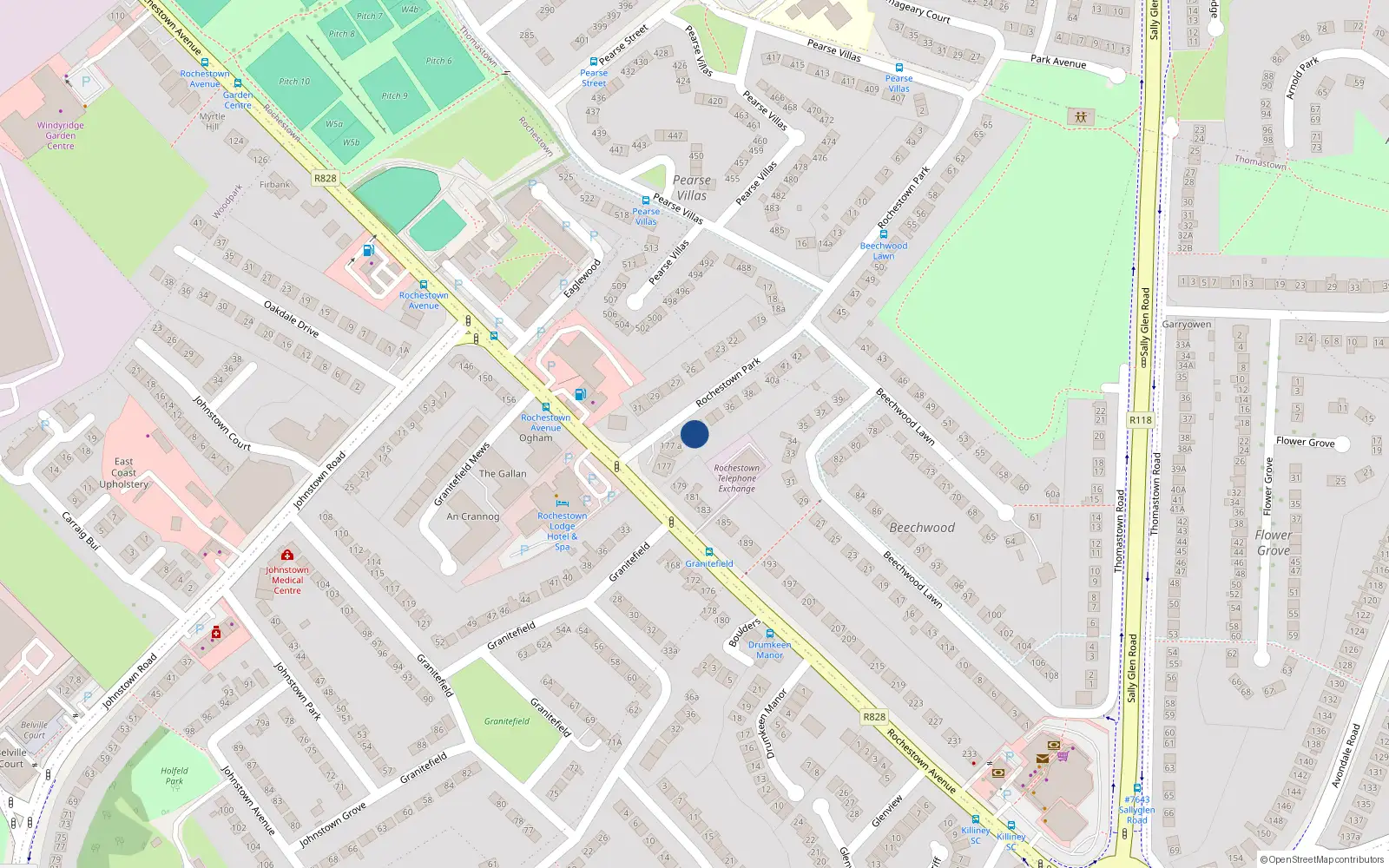Overhead map showing the location of 32 Rochestown Park, Dun Laoghaire, Dublin