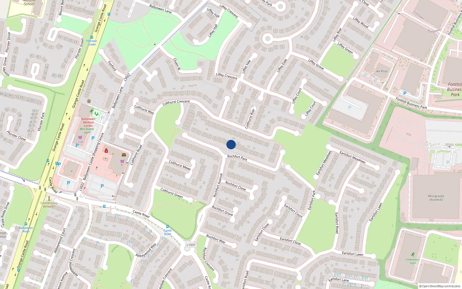Overhead map showing the location of 32 Rochfort Park, Lucan