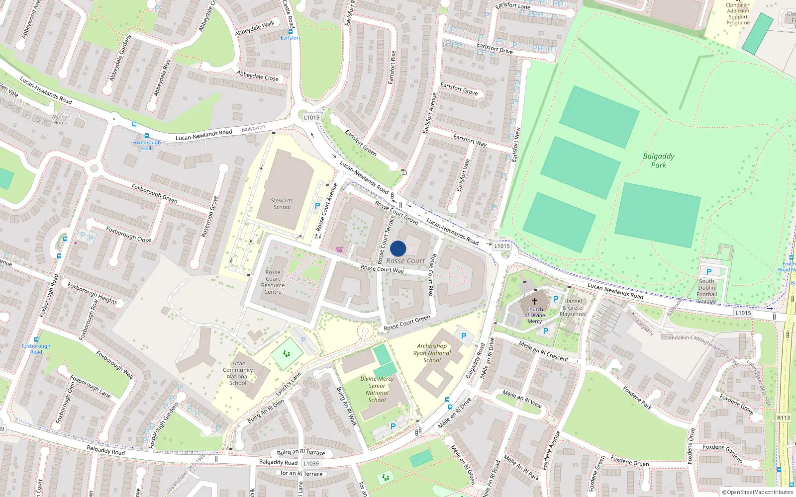 Overhead map showing the location of 32 Rosse Court Terrace, Lucan